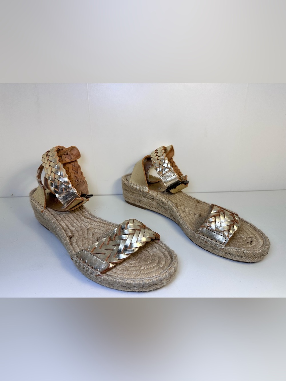 Soludos Braided Metallic Espadrille Sandals in Rose Gold and Natural